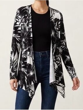 Womens Draped Front Open Cardigan Black White Floral Jersey Knit Layer Travel L